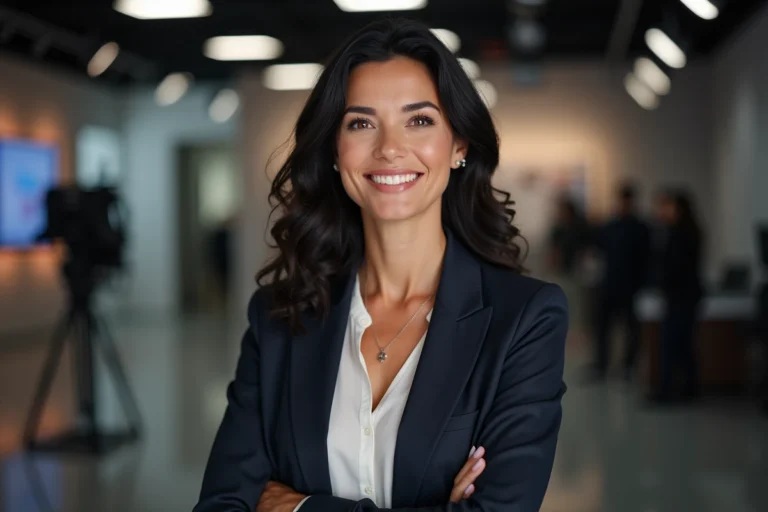 Animatrice télévision professionnelle souriante dans un studio moderne, portrait 3/4 éditorial
