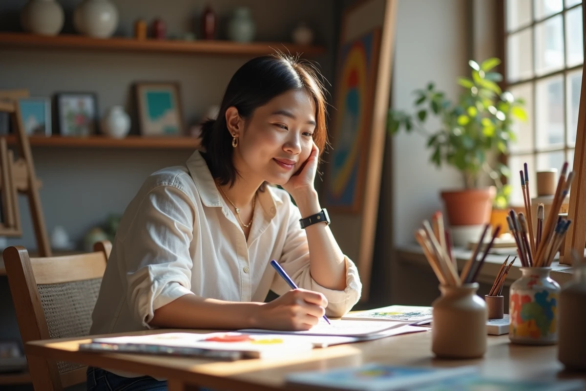 Femme asiatique en atelier créatif avec outils d'art