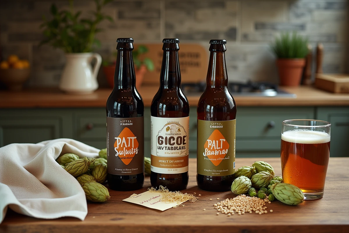 Bouteilles de bière sans sulfites avec houblon et malt sur un comptoir en bois, style flat lay éditorial