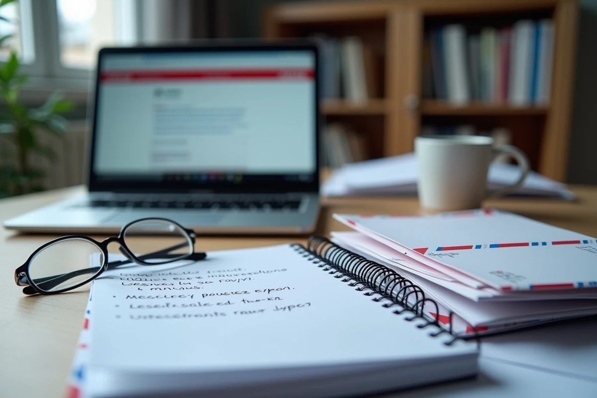 Bureau organisé avec ordinateur, courrier administratif et notes manuscrites pour gérer la réexpédition postale d'un défunt