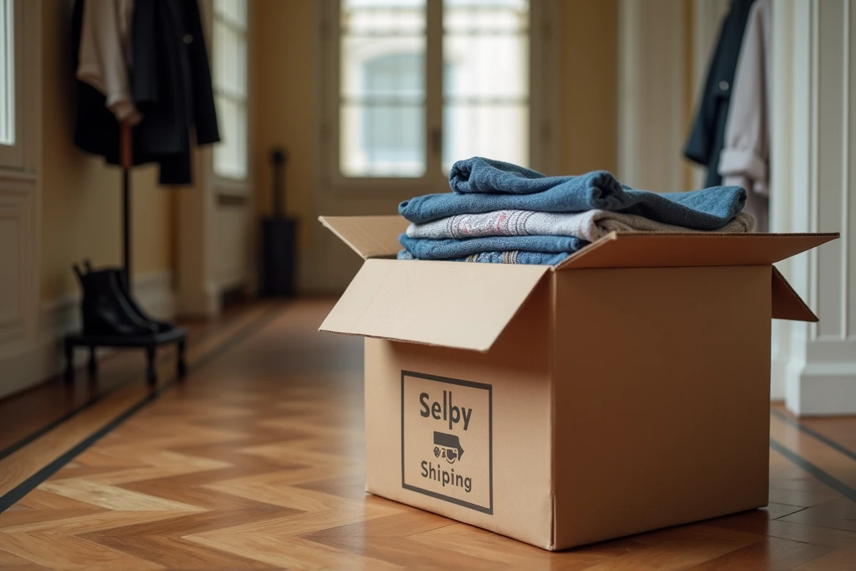 Carton d'expédition Sellpy rempli de vêtements d'occasion prêt à être envoyé depuis un couloir d'appartement français