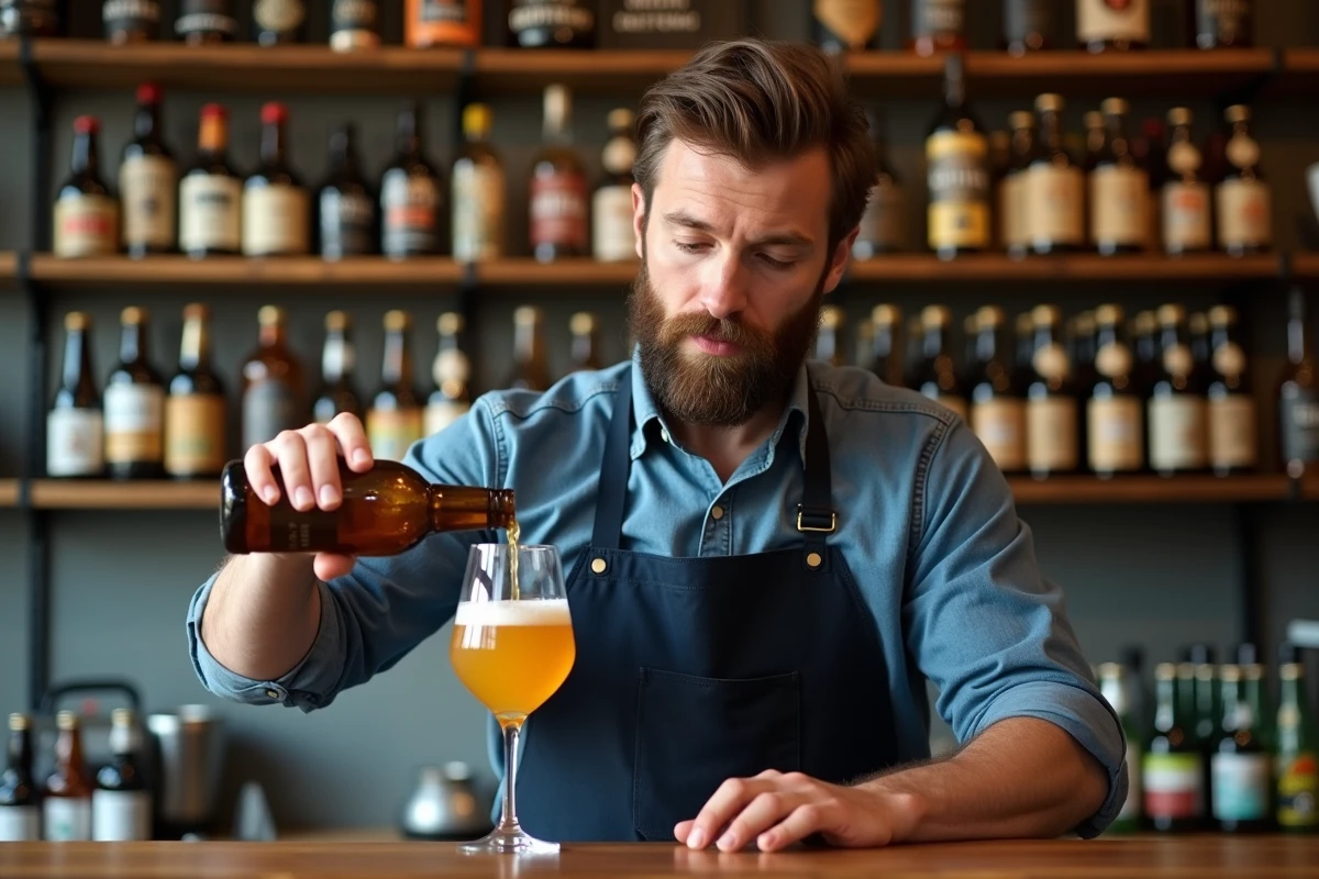 Caviste versant une bière artisanale sans sulfites dans un verre dans une boutique de bières naturelles