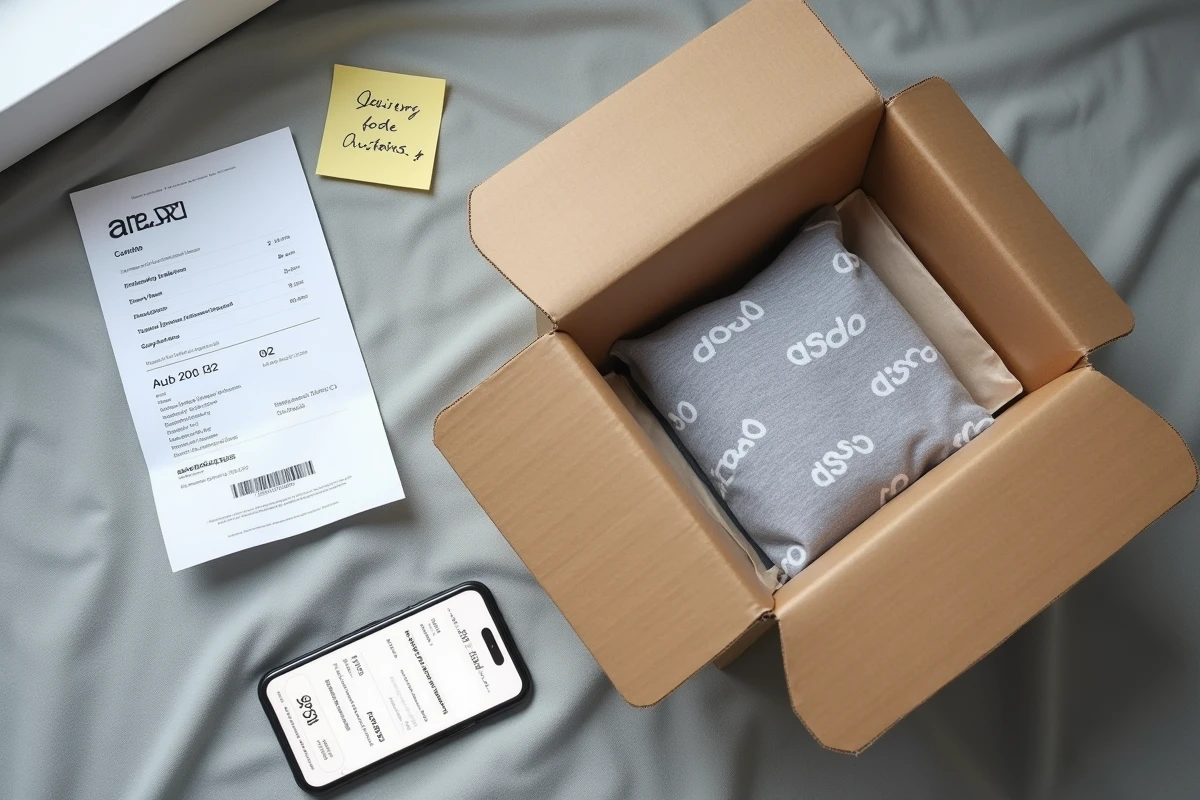 Colis Asos ouvert avec reçu de livraison et suivi de commande sur smartphone illustrant les options de livraison express