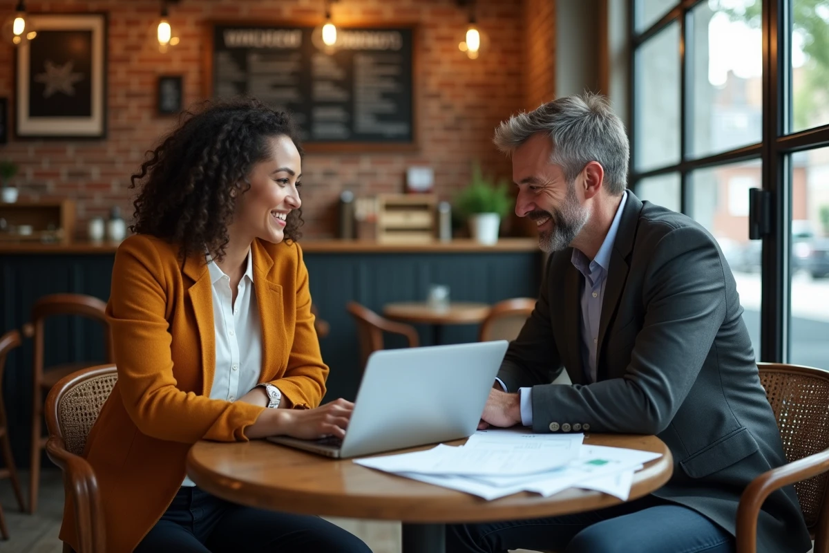 Deux entrepreneurs collaborant sur un projet de business en ligne autour d'un café en ville