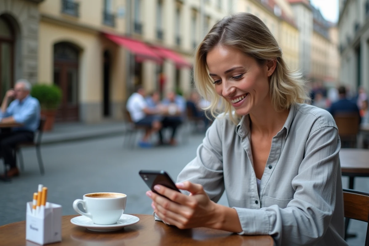 Femme comparant les prix des cartouches Winston sur smartphone dans un café au Luxembourg