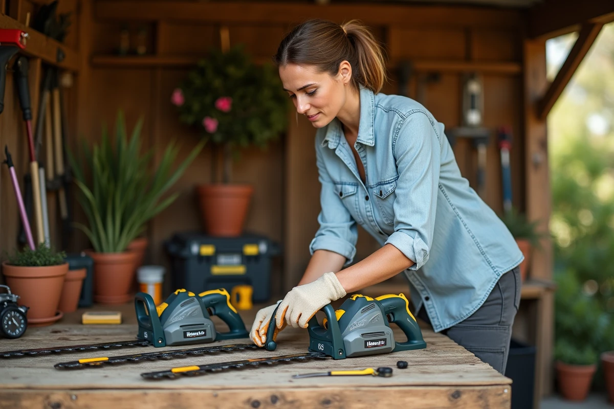 Femme comparant plusieurs modèles de taille-haies sans fil sur un établi de jardin en bois