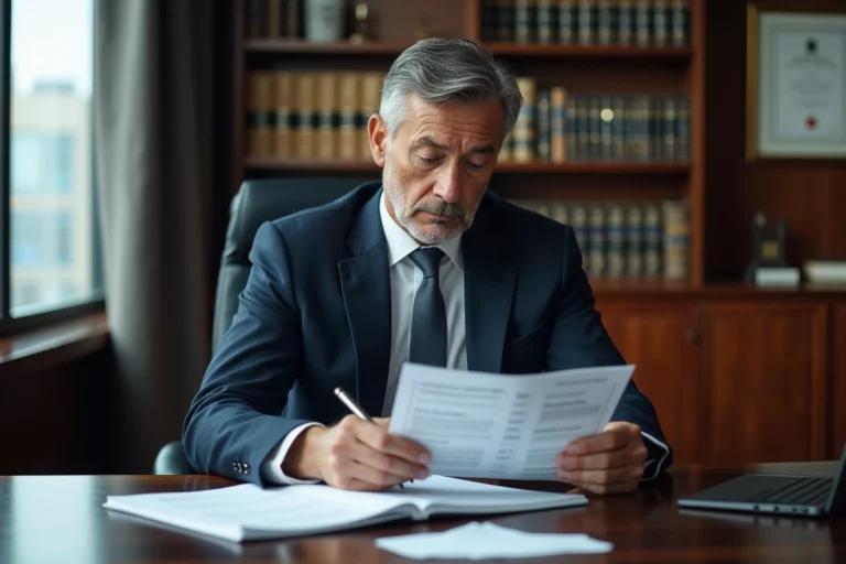 Conseiller financier examinant un document réglementaire dans un bureau professionnel