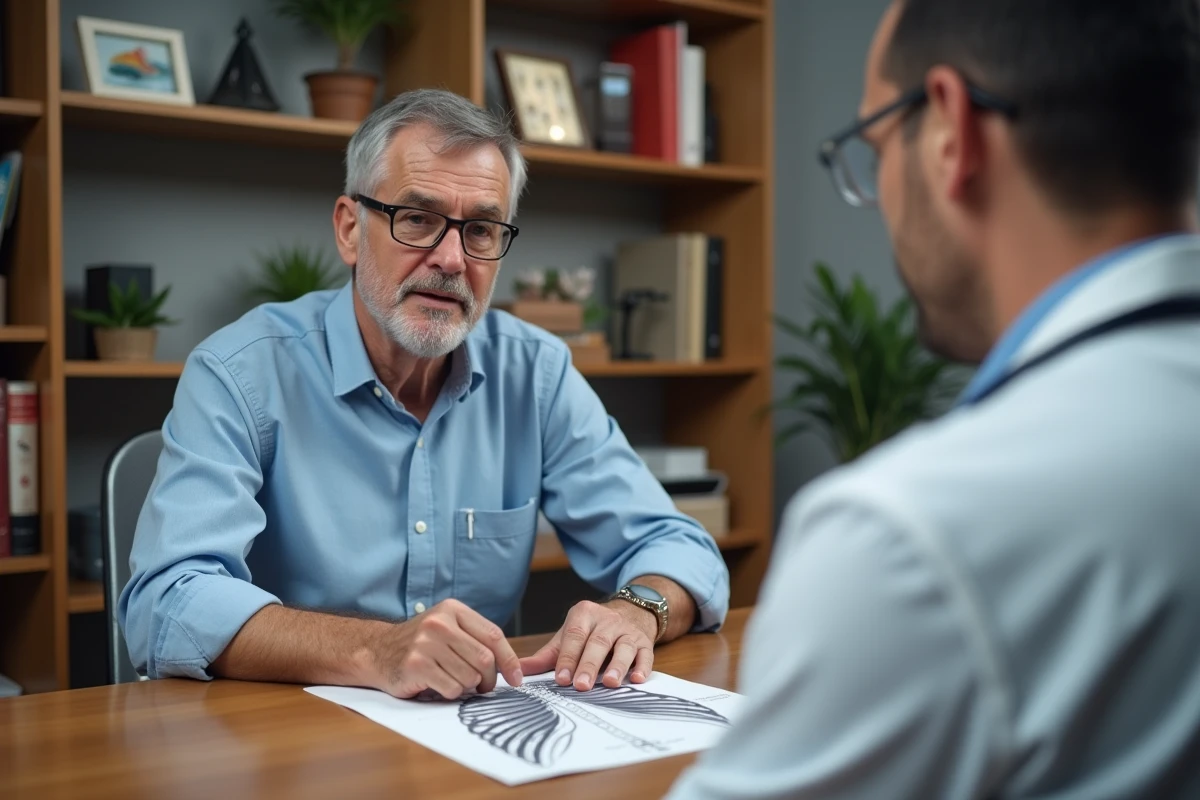 Patient adulte discutant avec son médecin généraliste d'une douleur costale, avec un schéma anatomique des côtes posé sur le bureau lors d'une consultation