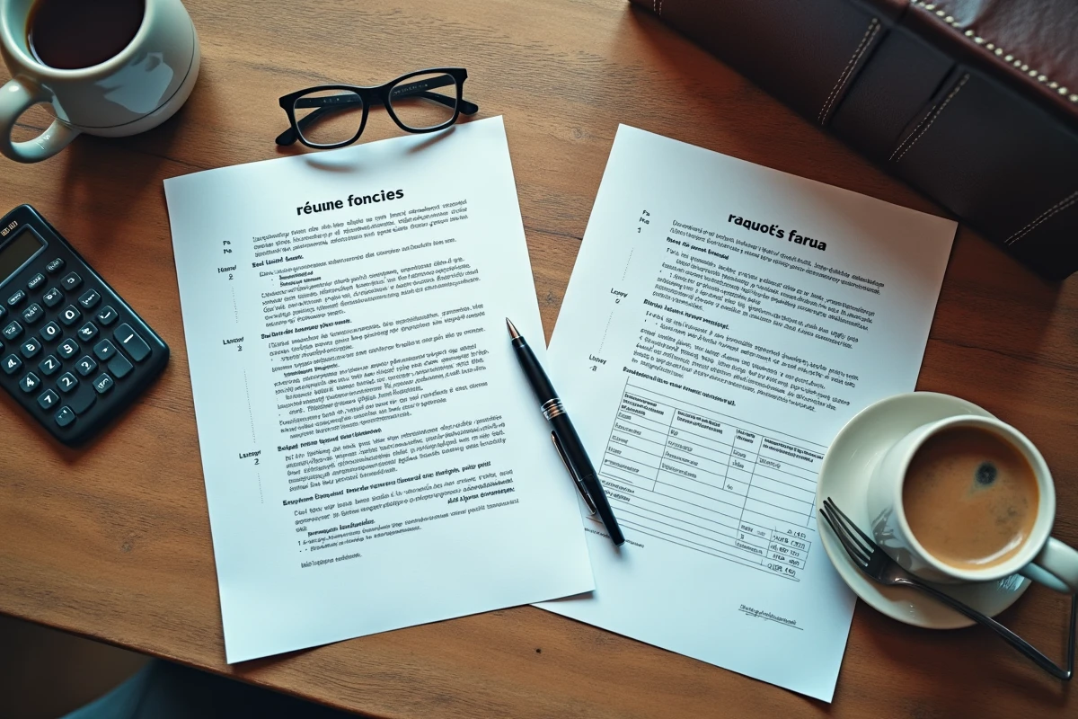 Vue aérienne d'un contrat de fermage agricole et d'une déclaration fiscale sur une table en bois