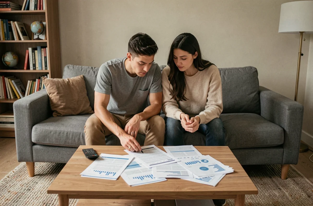 Couple de jeunes adultes planifiant ensemble leurs finances personnelles avec des documents sur une table basse dans un salon moderne