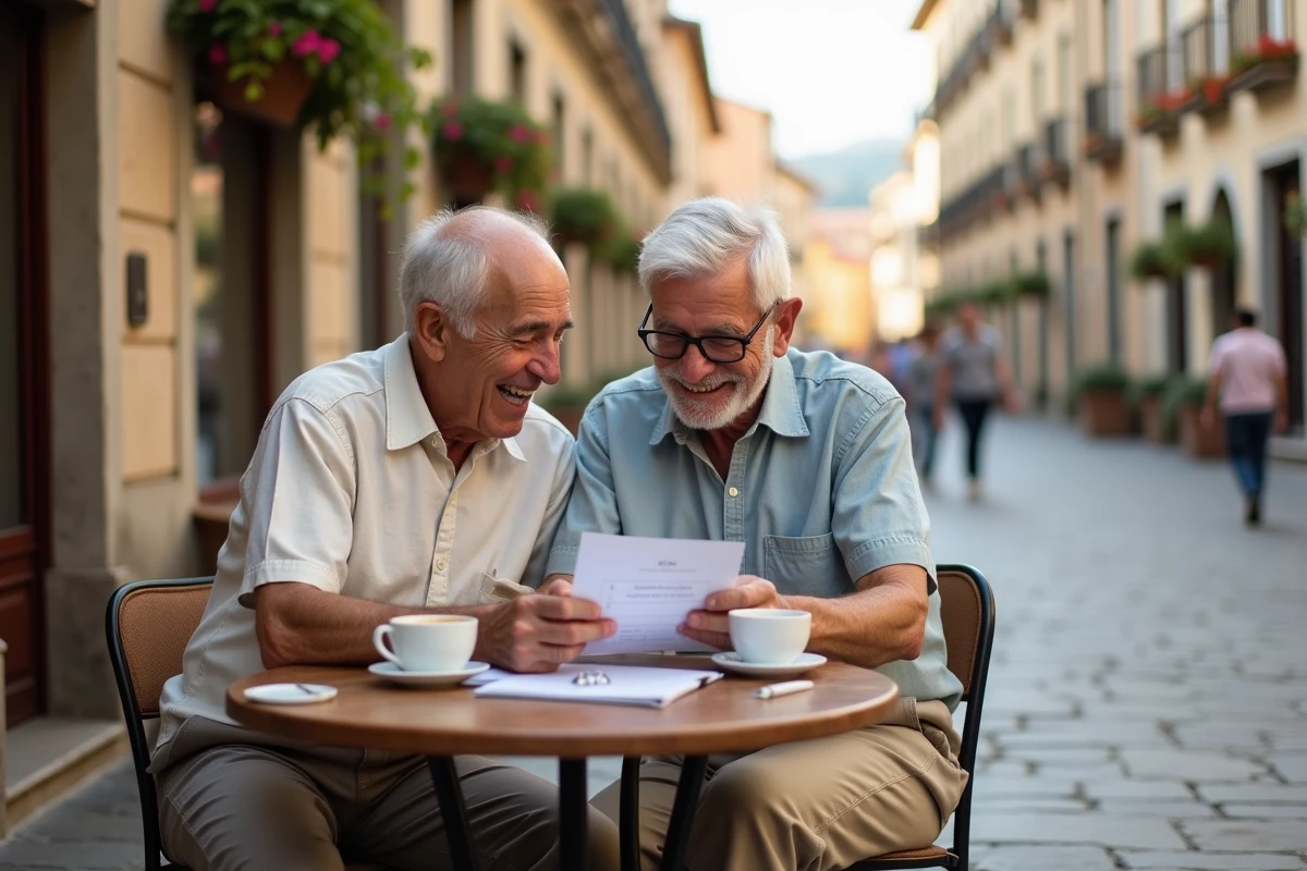 Un couple de retraités souriants consulte une liste de vérification pour leur départ à la retraite attablés en terrasse de café