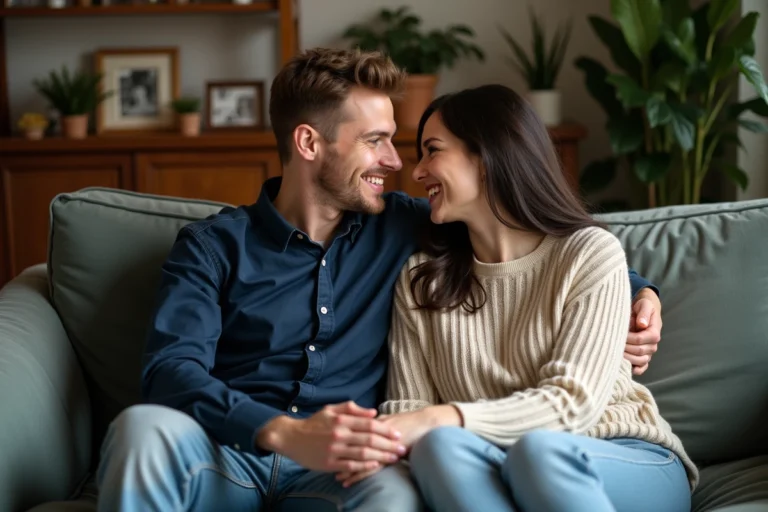 Couple assis sur un canapé vintage en toute confiance