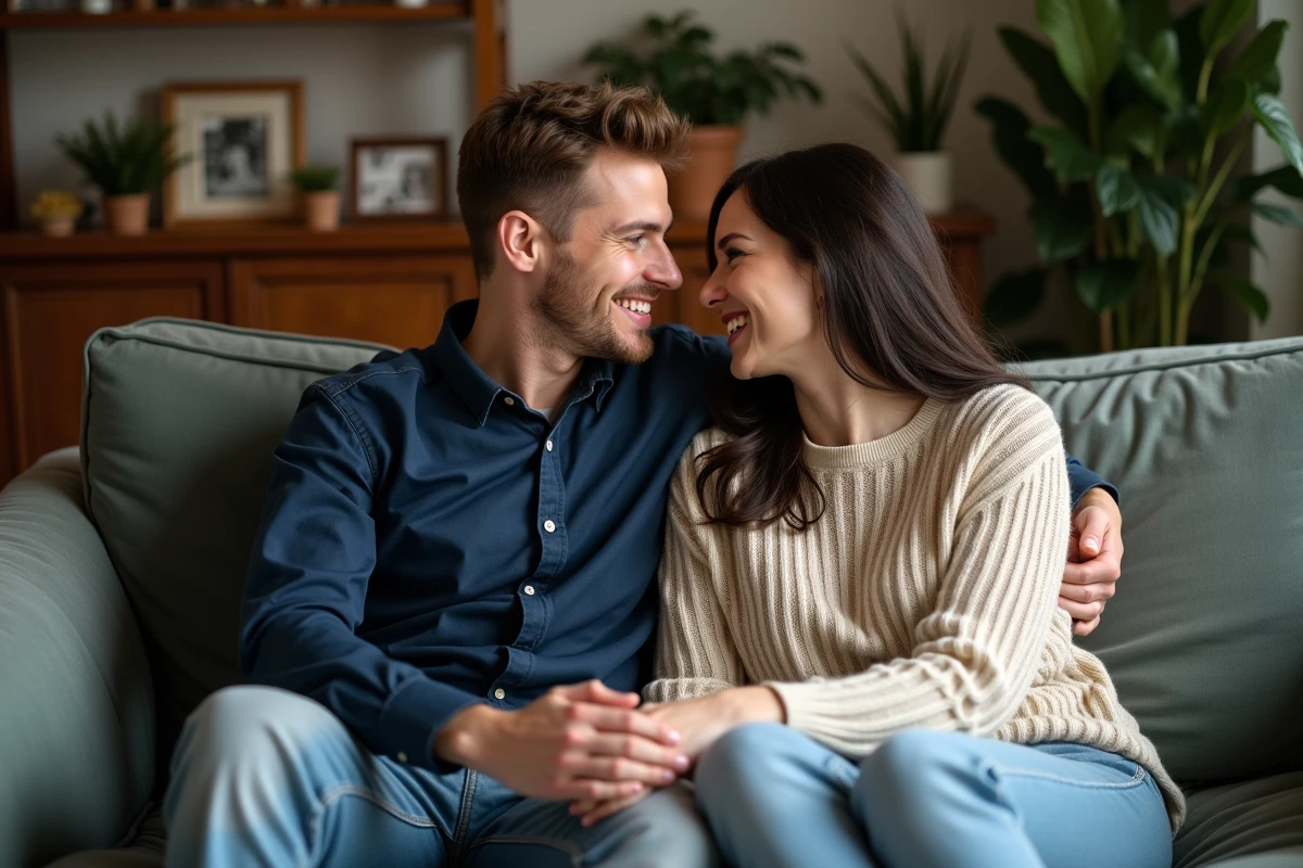 Couple assis sur un canapé vintage en toute confiance