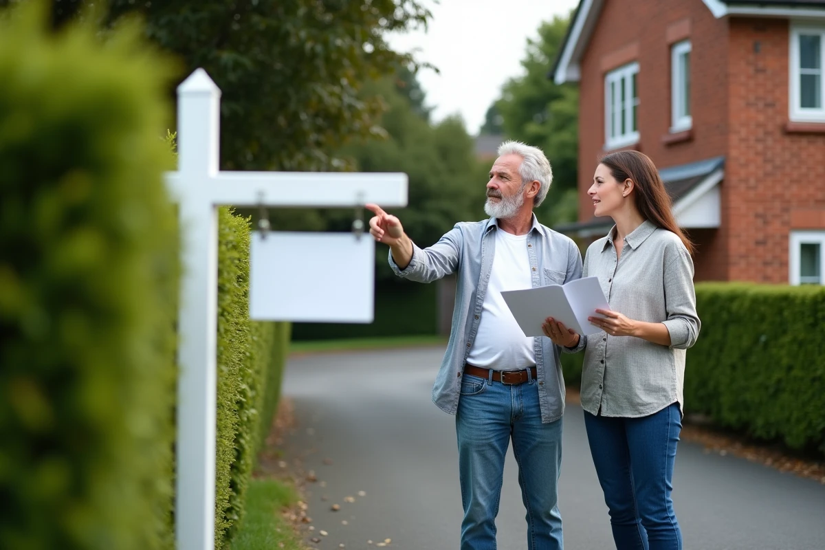 Couple devant une maison à vendre avec un panneau immobilier, tenant une fiche de présentation du bien