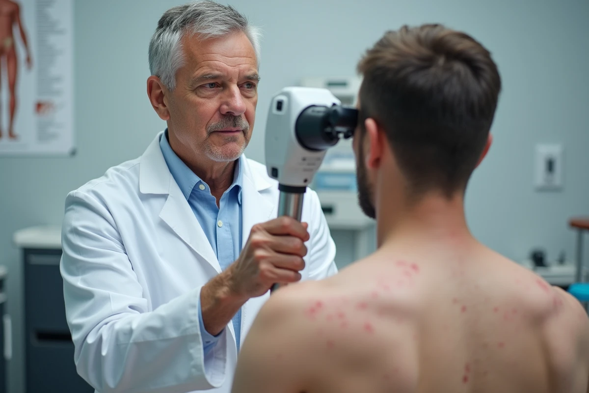 Dermatologue utilisant un dermatoscope pour examiner un grain de beauté sur le dos d'un patient