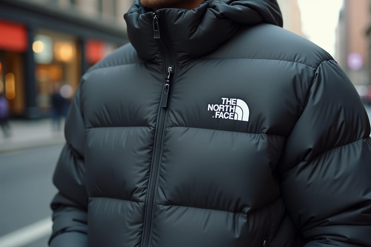 Détail du logo et des coutures d'une doudoune The North Face portée en milieu urbain