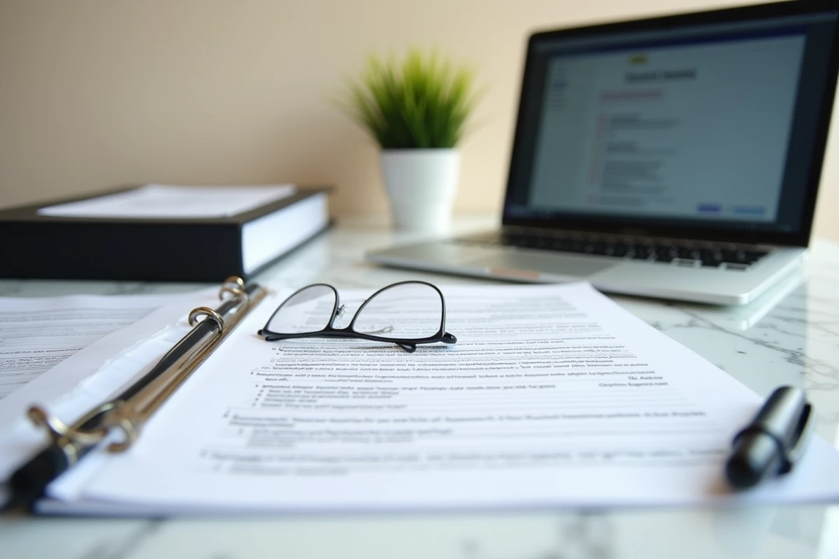 Documents réglementaires et annotations juridiques sur un bureau de conseiller financier