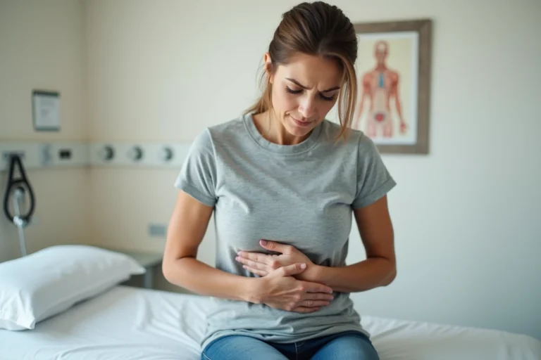 Femme adulte tenant son côté sous les côtes droites, assise sur une table d'examen médical, illustrant une douleur liée au syndrome de la côte flottante