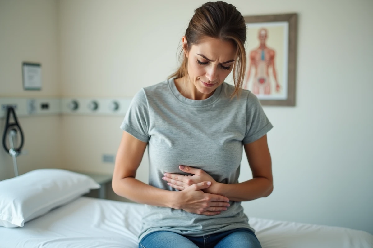 Femme adulte tenant son côté sous les côtes droites, assise sur une table d'examen médical, illustrant une douleur liée au syndrome de la côte flottante