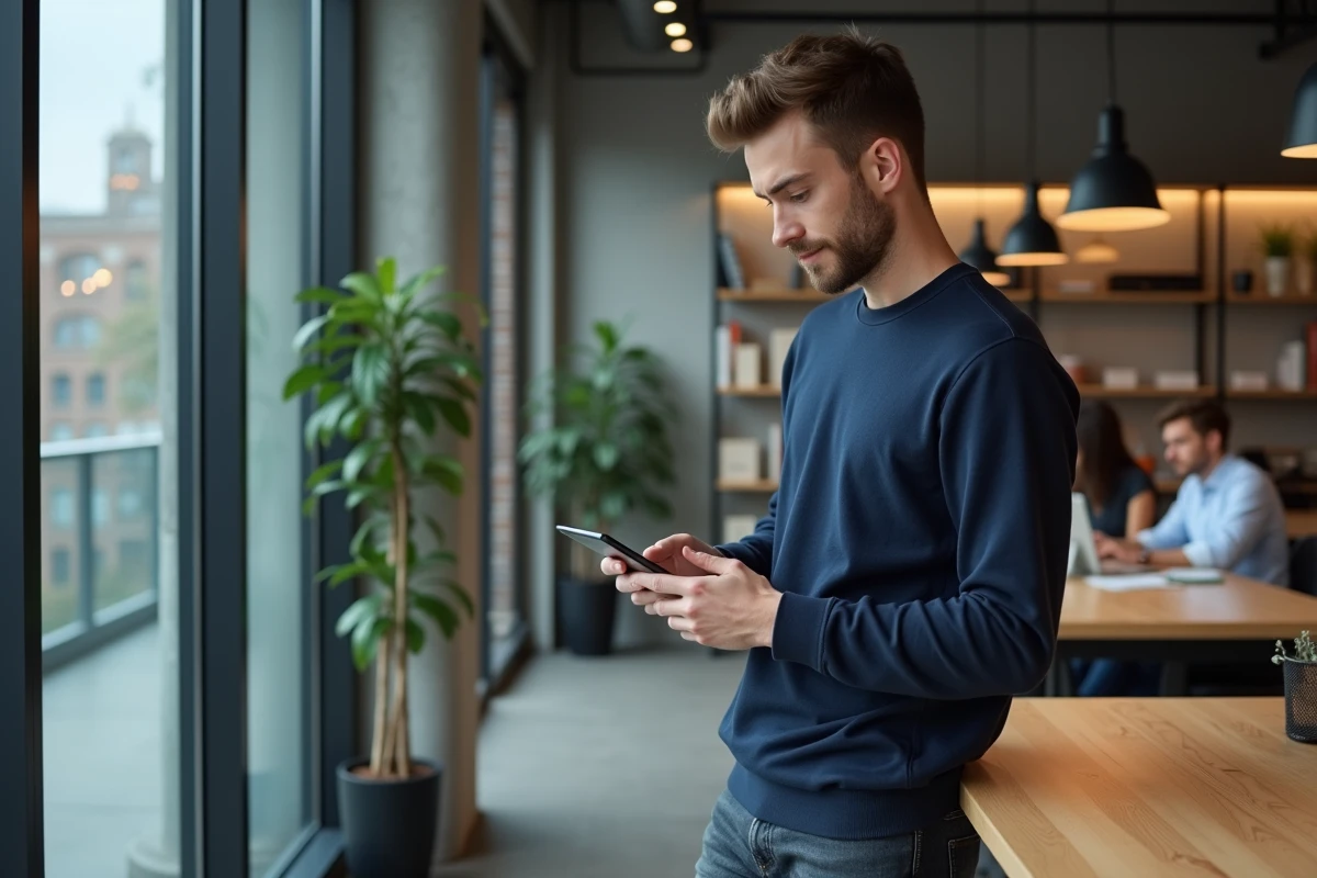 Jeune entrepreneur masculin analysant des données en ligne dans un espace de coworking moderne
