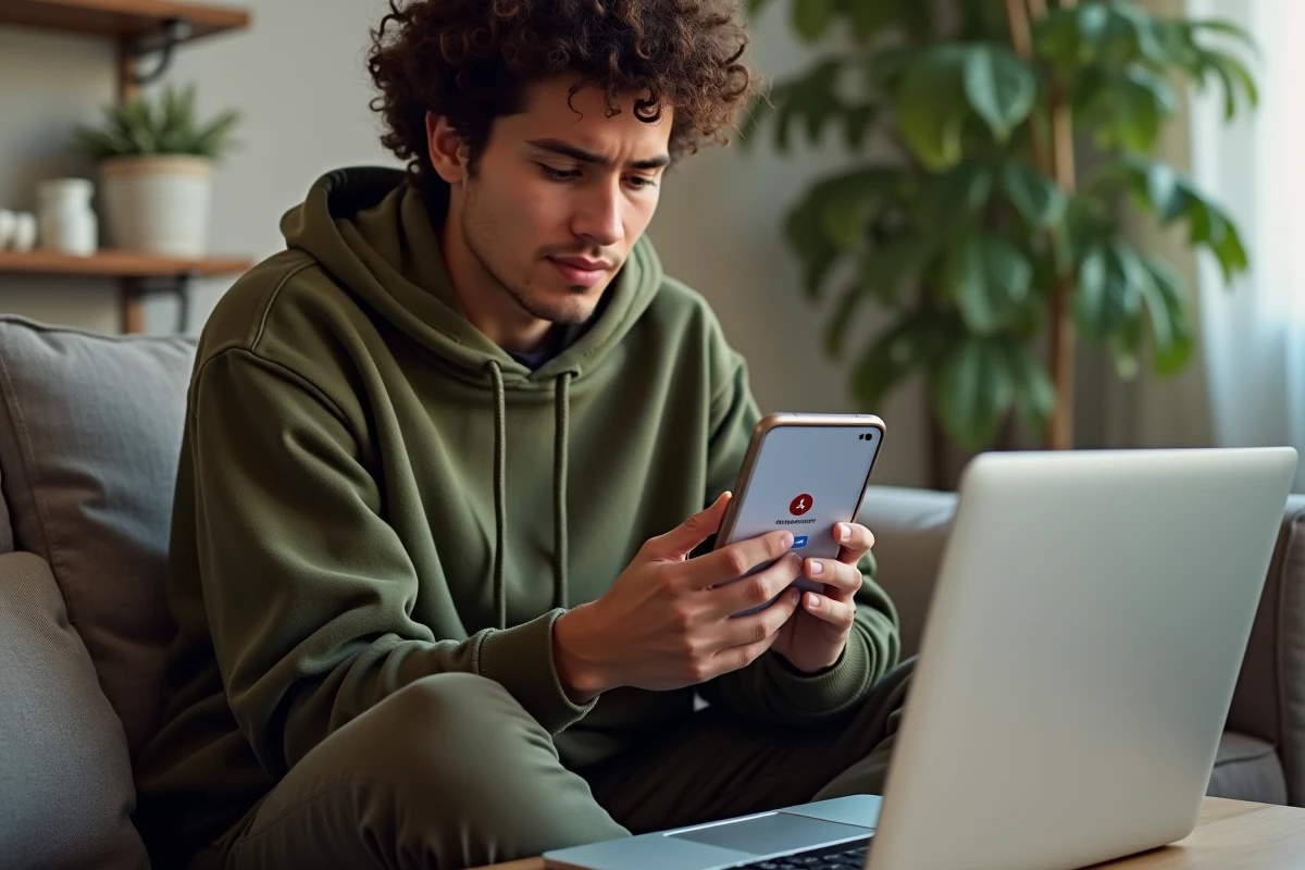 Jeune personne tenant un smartphone affichant une erreur d'authentification sur un service cloud