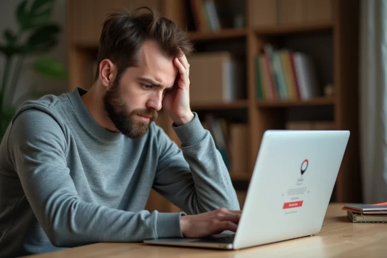 Homme frustré devant son ordinateur portable affichant une erreur de connexion à un compte cloud
