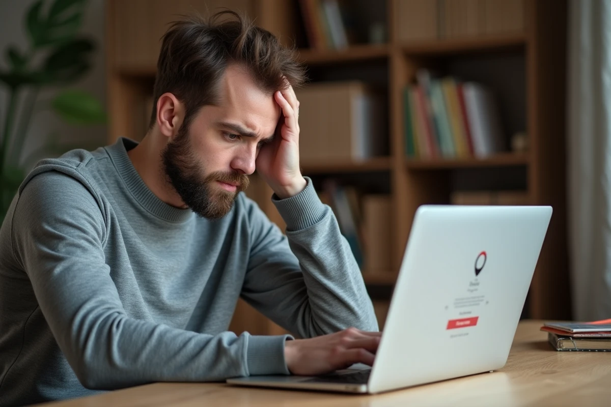 Homme frustré devant son ordinateur portable affichant une erreur de connexion à un compte cloud