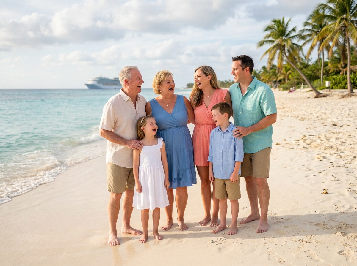 Famille multigenerations sur la plage de sable blanc