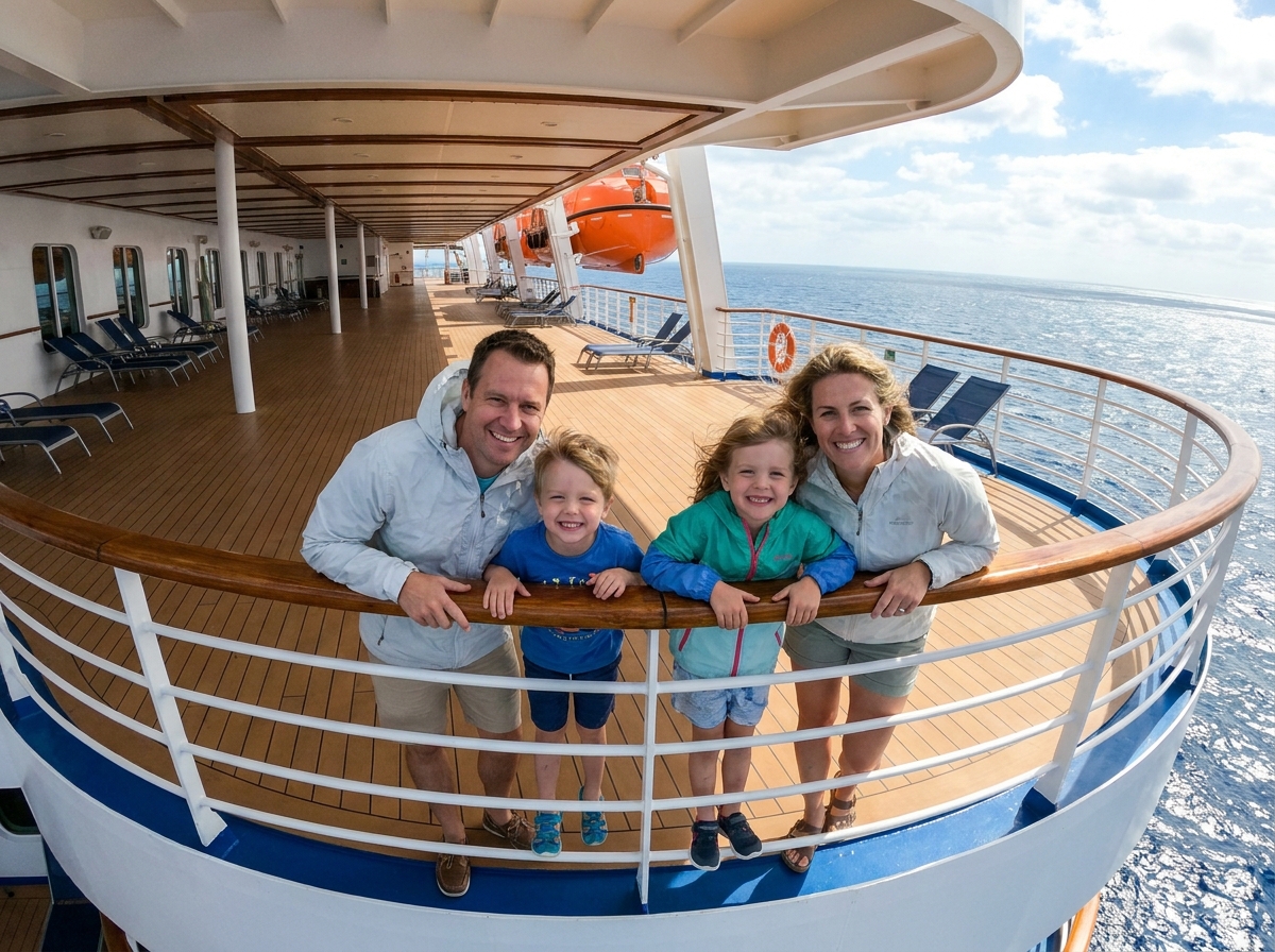 Famille de quatre sur le pont d un bateau croisiere souriant