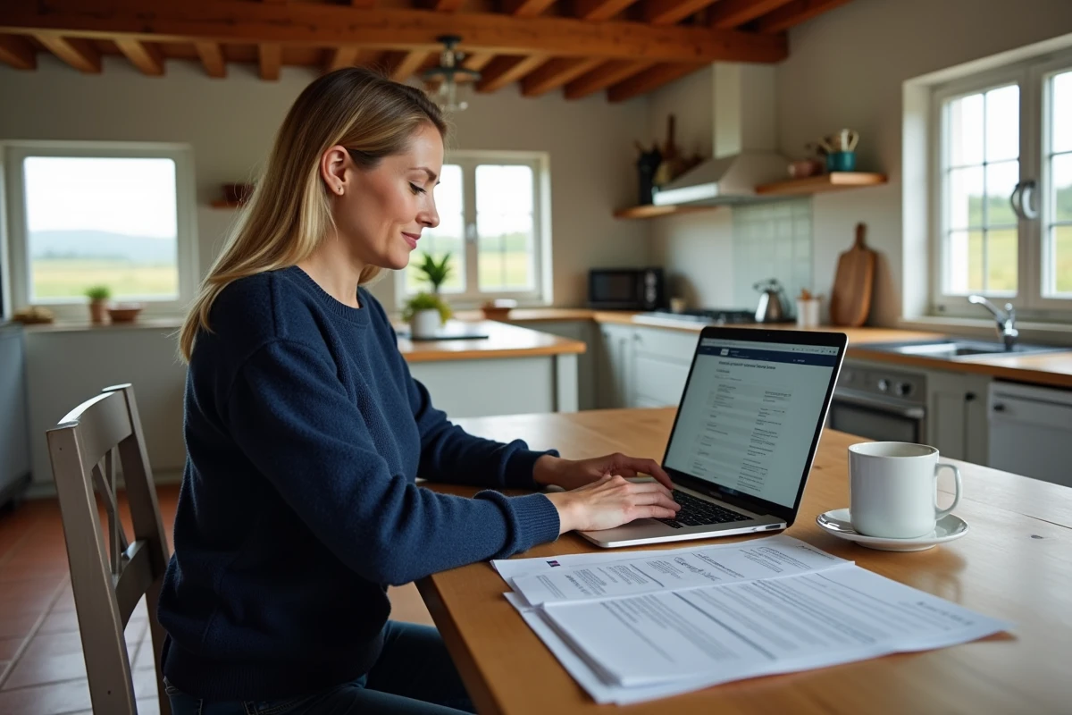 Femme agricultrice déclarant le fermage agricole en ligne depuis sa cuisine de ferme