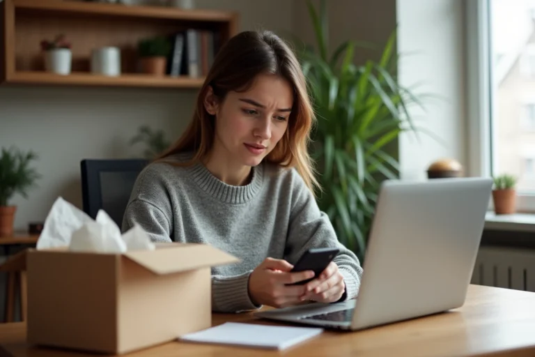 Jeune femme consultant l'application Asos sur son smartphone avec une commande en attente de livraison