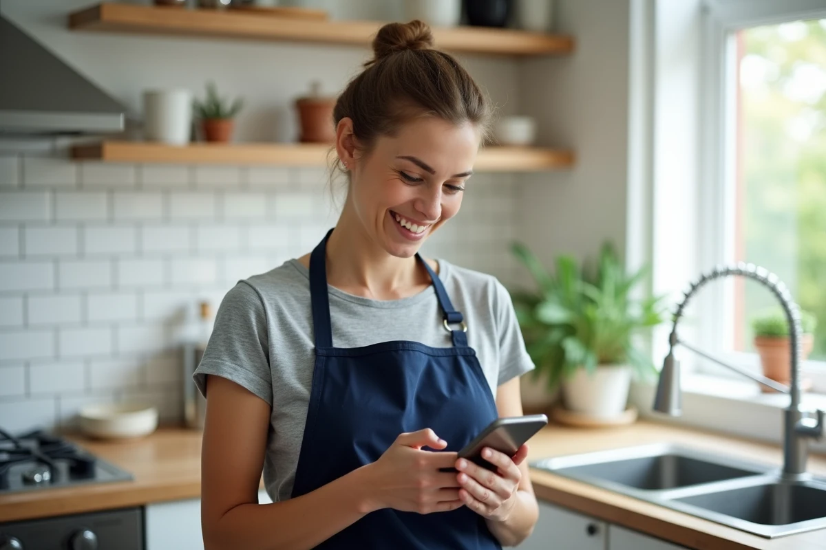 Femme consultant l'application Yoojo sur son smartphone dans une cuisine pour gérer des services à domicile
