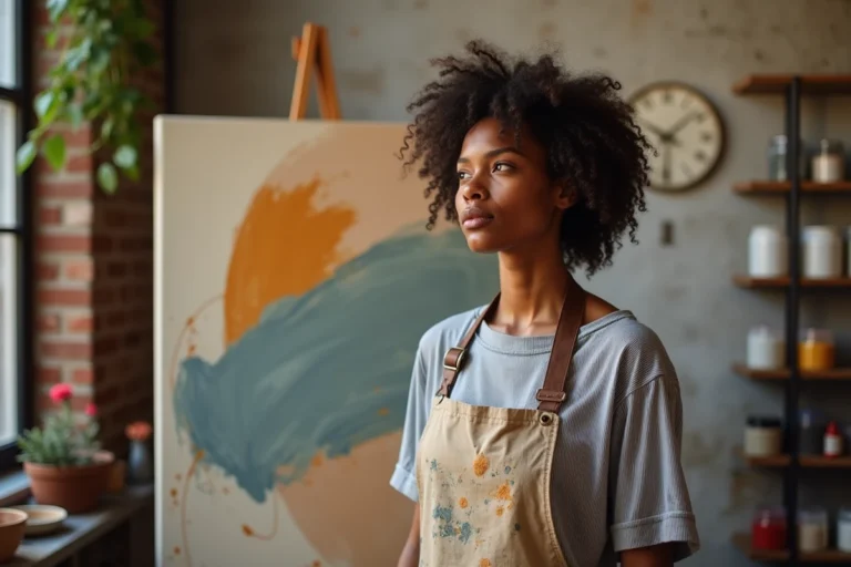 Femme artiste créative devant une grande toile abstraite dans un atelier urbain aux murs de briques apparentes