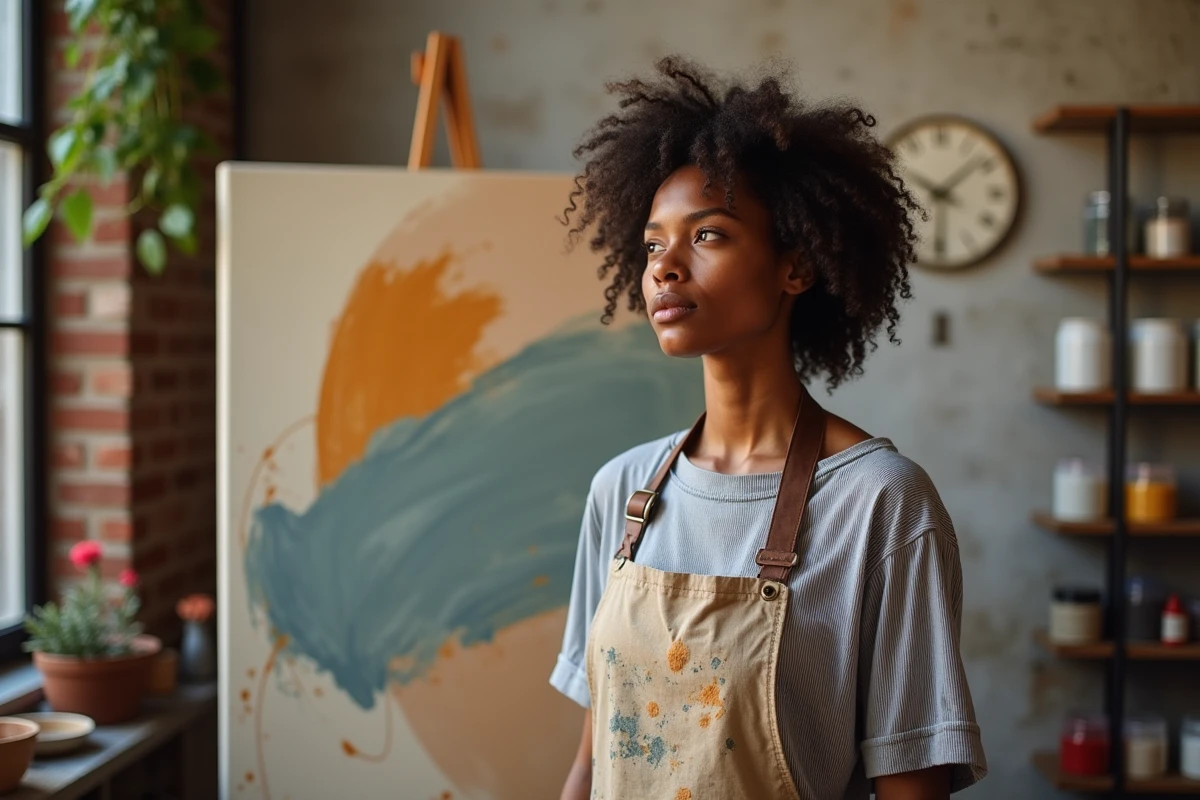Femme artiste créative devant une grande toile abstraite dans un atelier urbain aux murs de briques apparentes