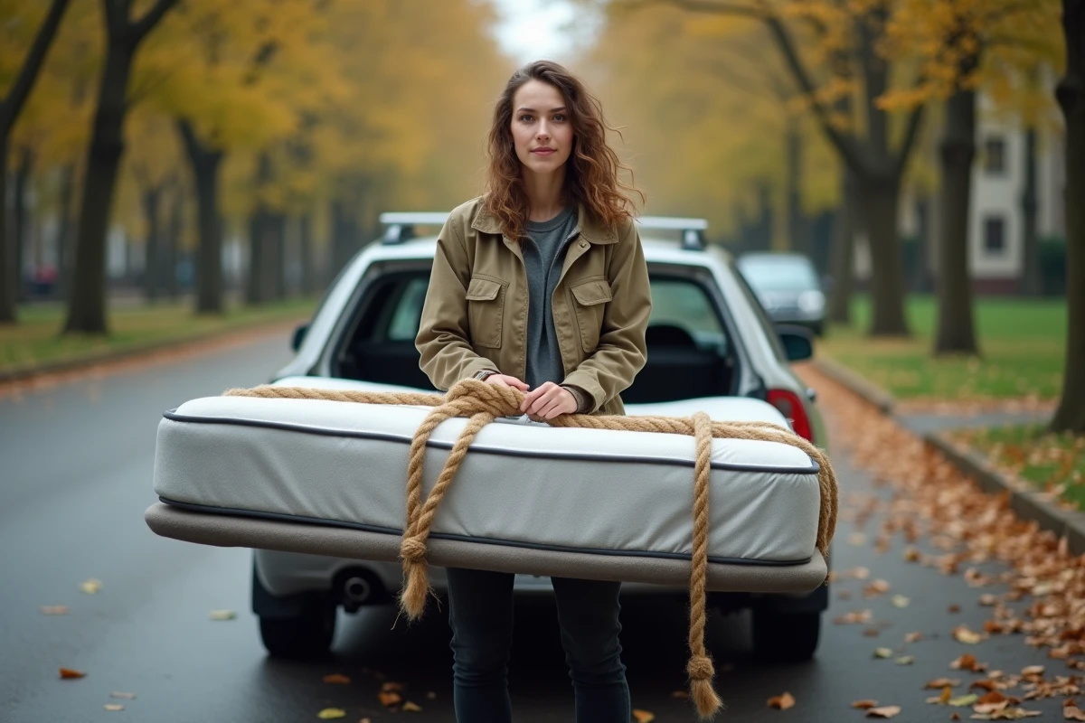 Jeune femme attachant un matelas sur une voiture près d’un parc urbain
