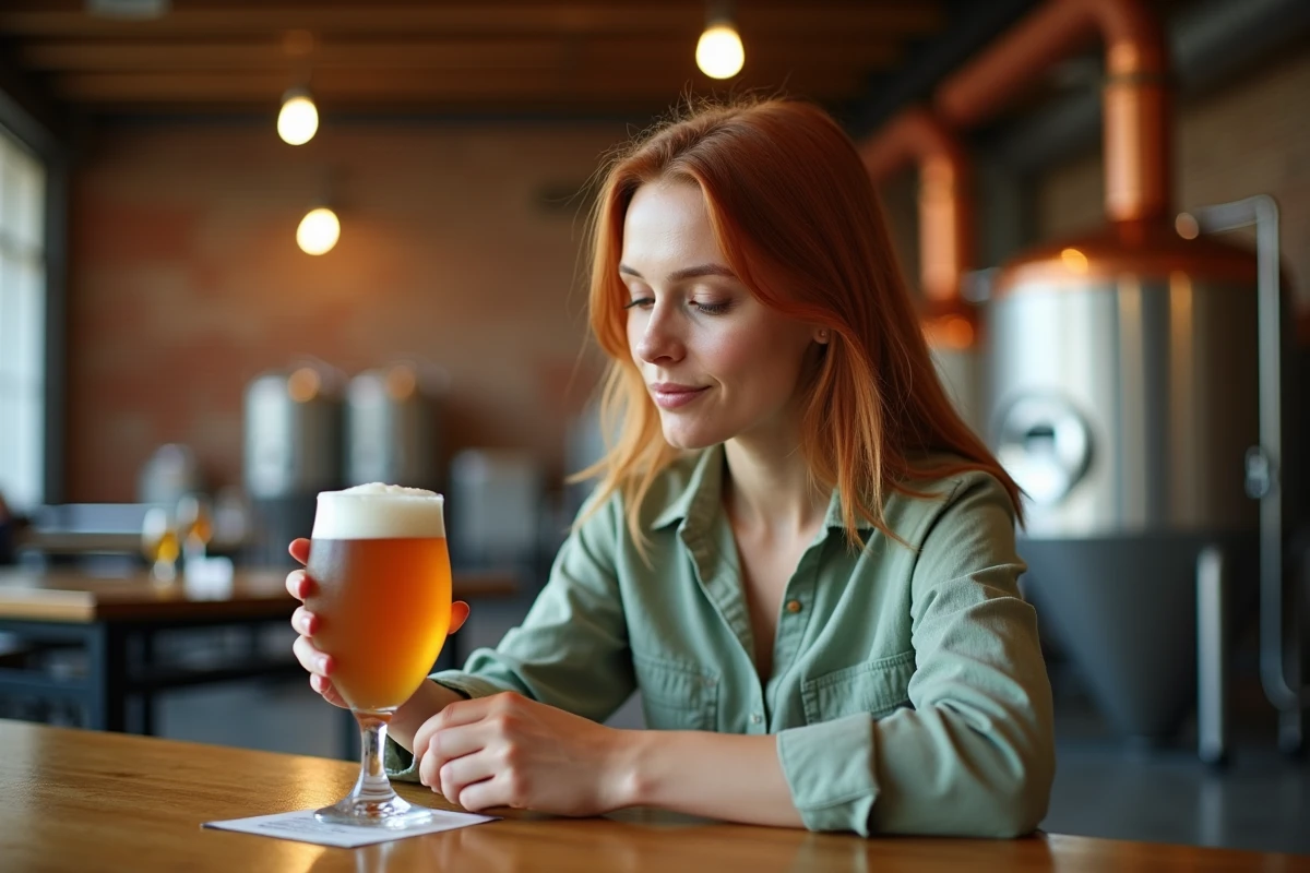 Femme tenant un verre de bière artisanale sans sulfites dans une brasserie rustique aux murs en briques