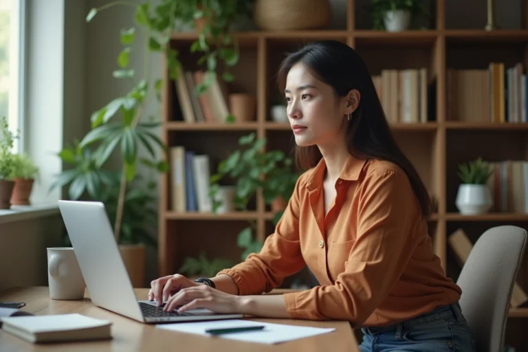 Jeune femme au bureau à domicile travaillant sur son ordinateur