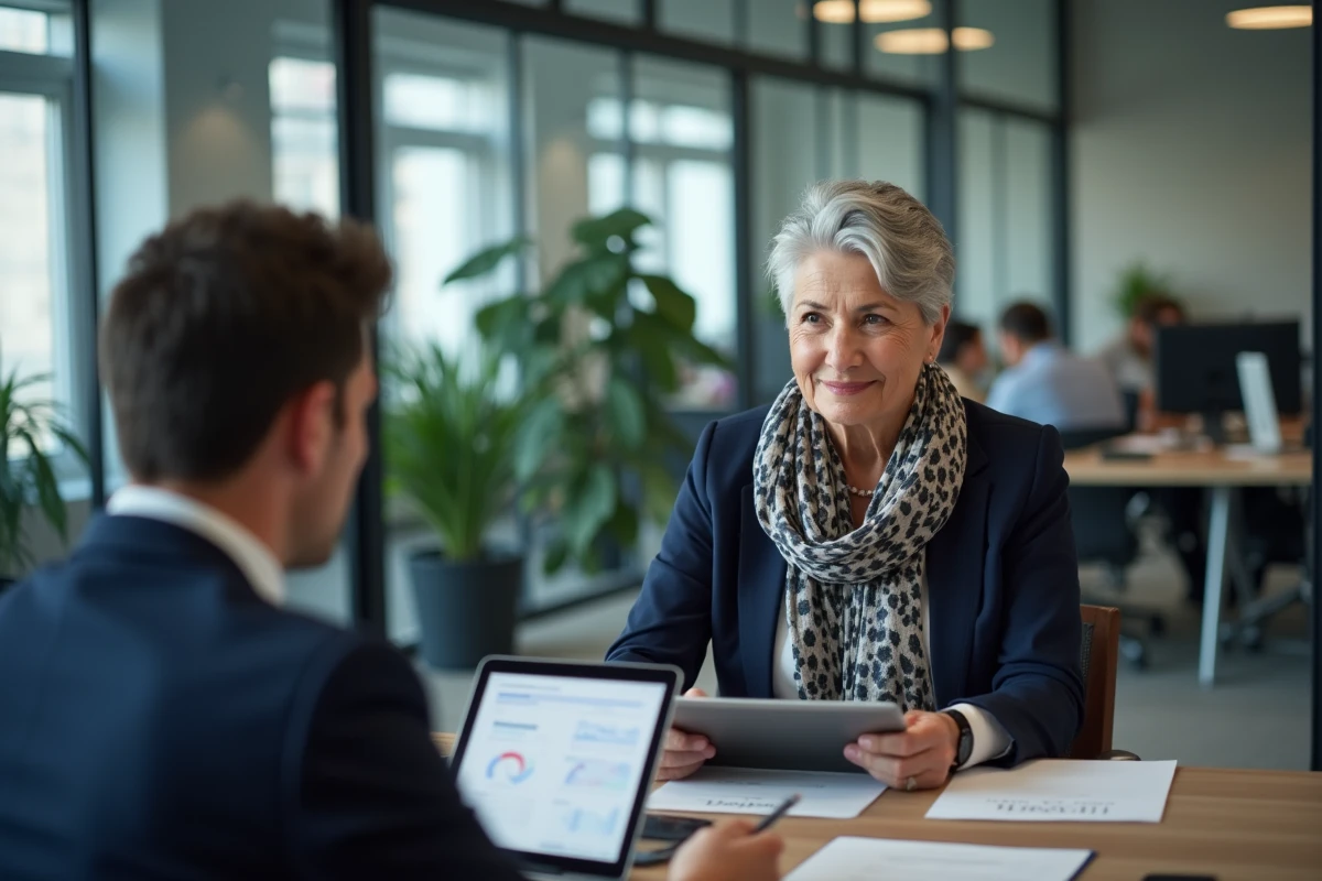 Une femme proche de la retraite consulte un conseiller financier dans un bureau moderne pour planifier sa transition professionnelle