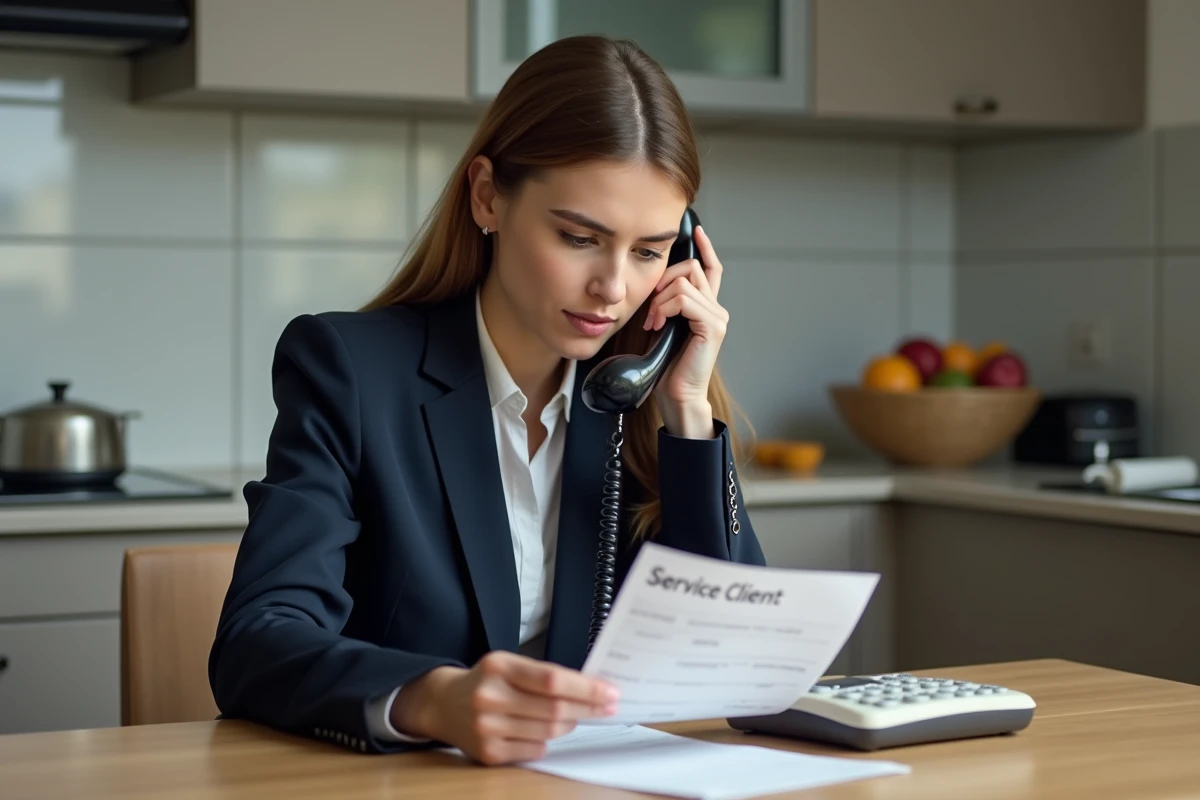 Femme au téléphone composant un numéro 0891 dans la cuisine