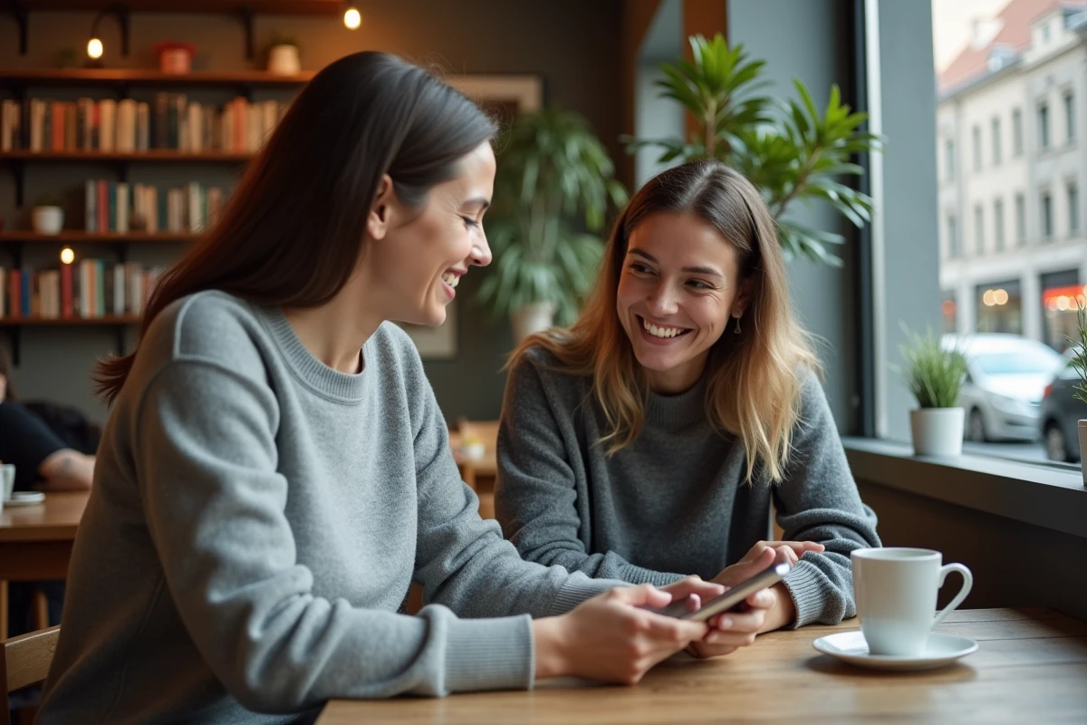 Femme discutant stratégie DFS avec une amie dans un café convivial