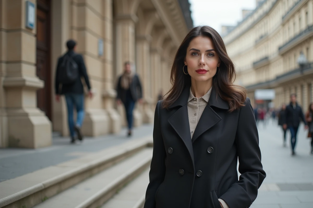 Femme élégante devant un bâtiment parisien en pierre, tenue chic et architecture classique