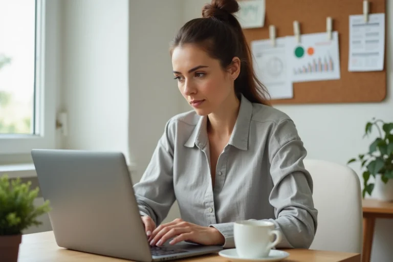 Femme entrepreneur concentrée sur son plan d'affaires devant un ordinateur portable dans un bureau à domicile