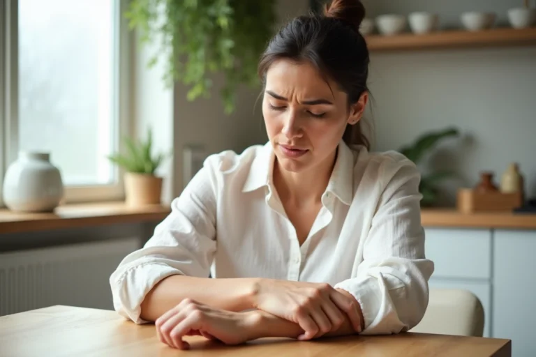 Femme examinant un grain de beauté sur son avant-bras dans une cuisine moderne lumineuse