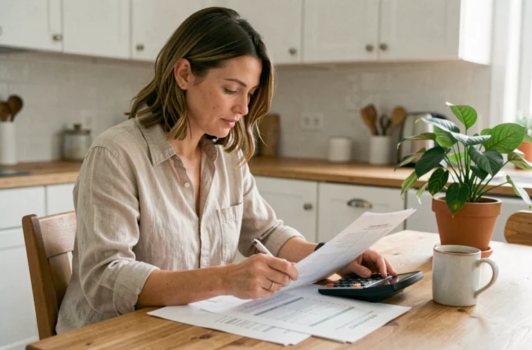 Femme gérant son budget familial avec une calculatrice et des feuilles de calcul sur une table en bois dans une cuisine moderne