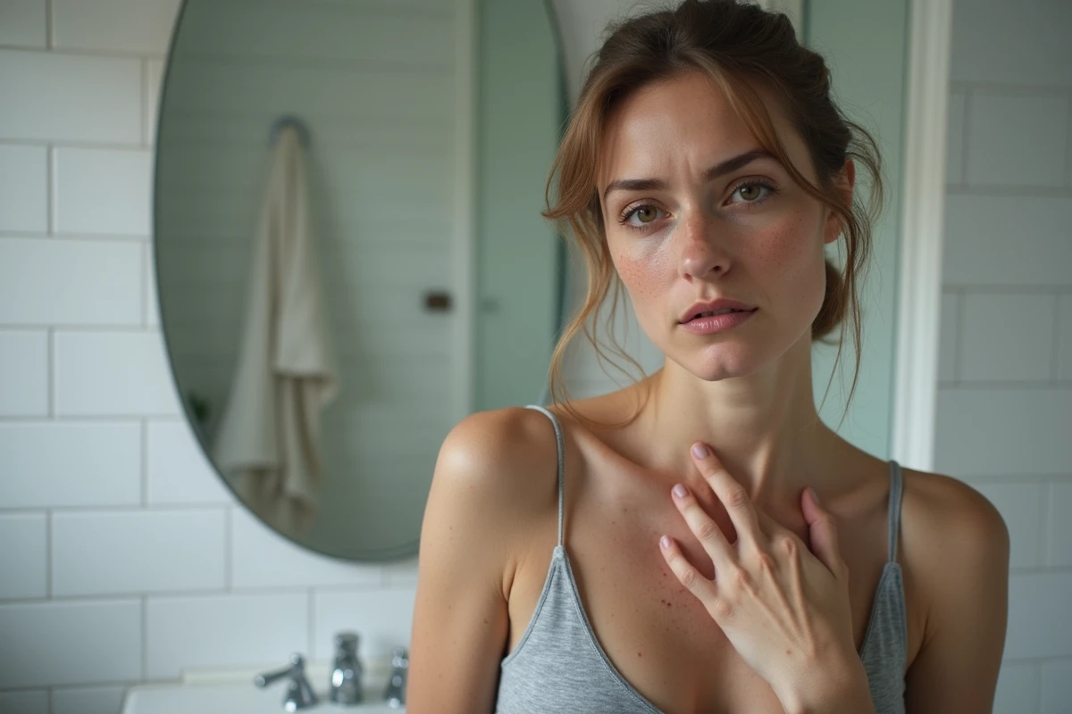 Femme devant un miroir de salle de bain observant une zone de peau où un grain de beauté a disparu