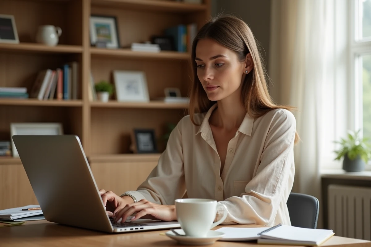 Femme consultant des annonces immobilières sur un ordinateur portable dans un bureau à domicile pour acheter ou louer une maison