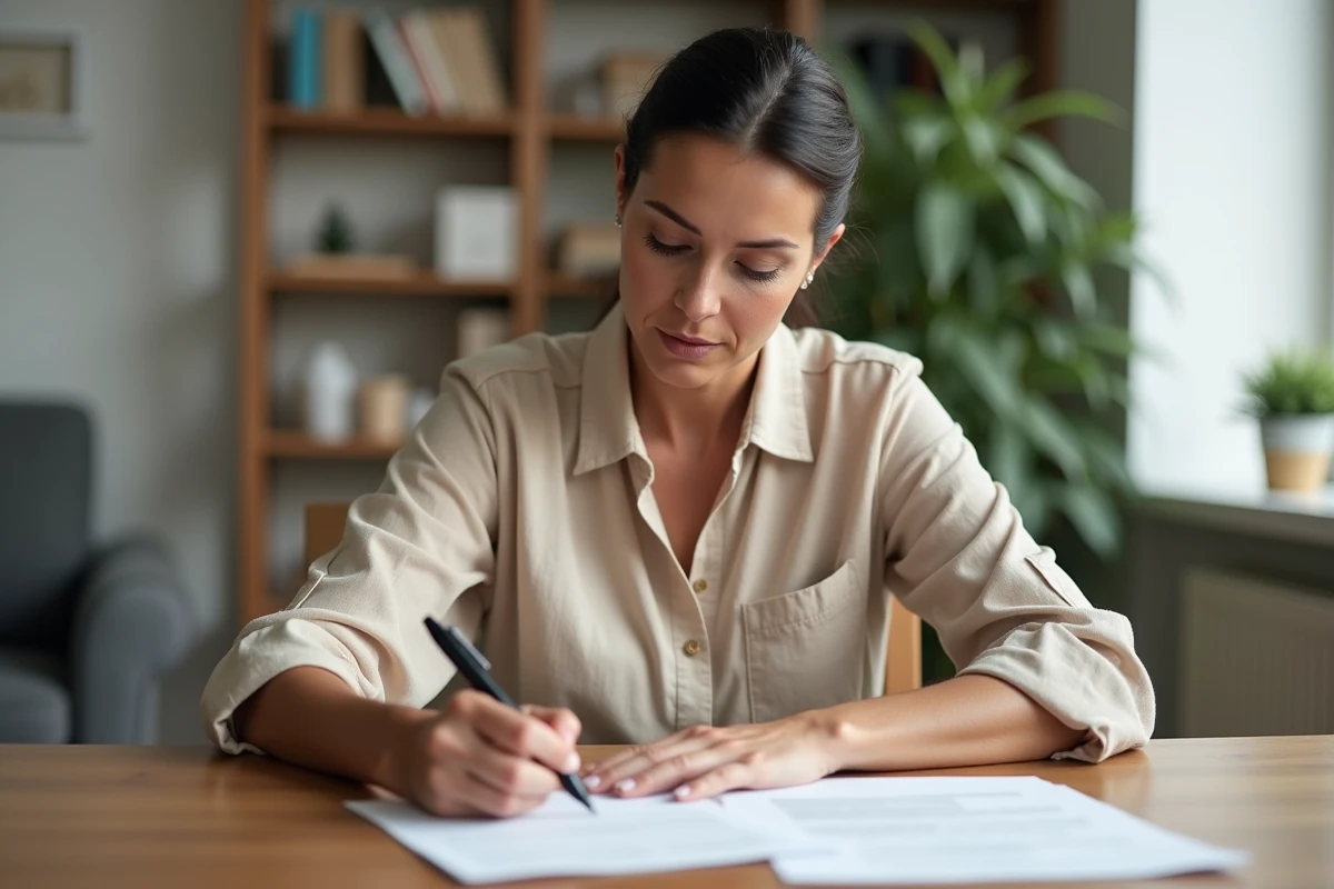 Femme remplissant le formulaire Cerfa H1 pour une déclaration de logement neuf à son bureau à domicile