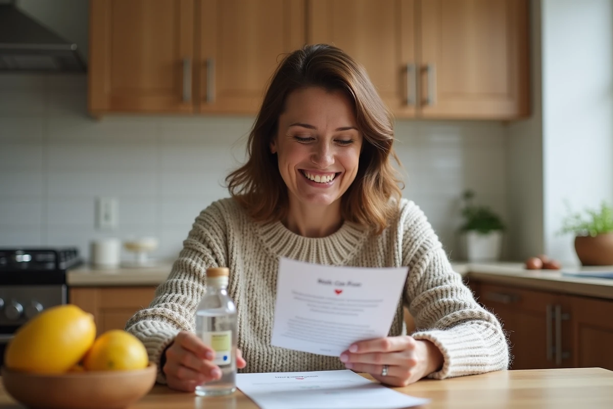 Femme souriante tenant un verre d'eau dans la cuisine