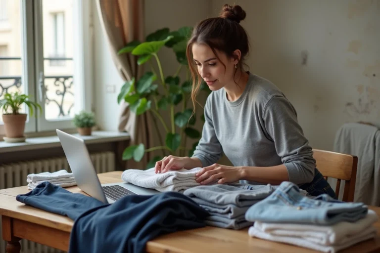 Femme triant des vêtements d'occasion sur une table en bois pour les revendre sur Sellpy depuis son appartement parisien