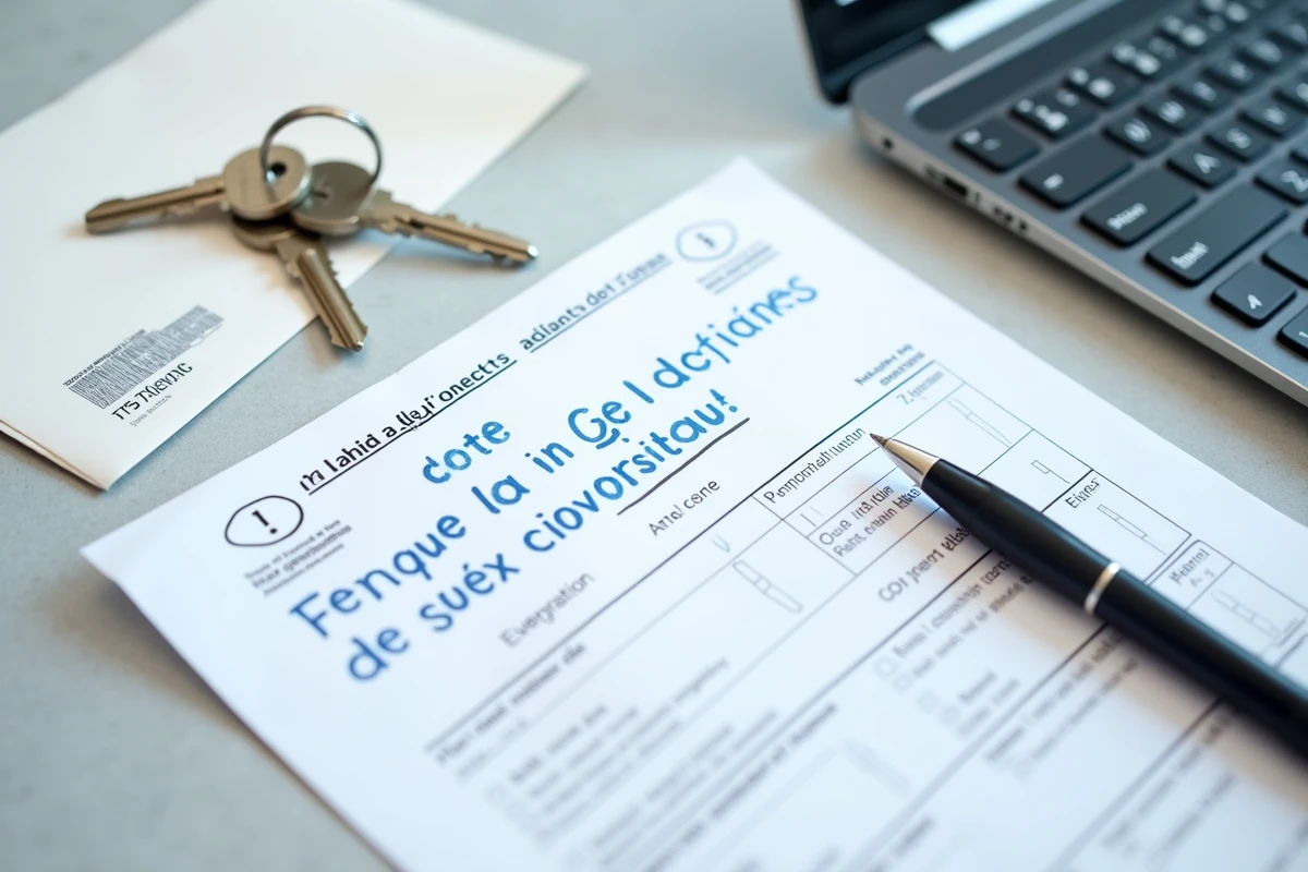 Vue aérienne du formulaire Cerfa H1 rempli avec une enveloppe timbrée et des clés de logement neuf posés sur un bureau